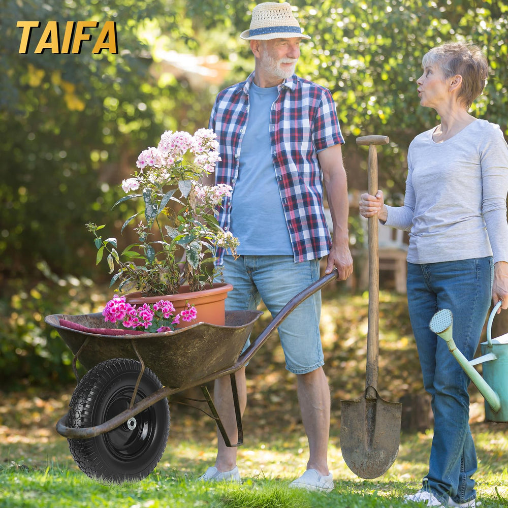 Taifa on garden cart in yard demonstrating puncture-proof convenience