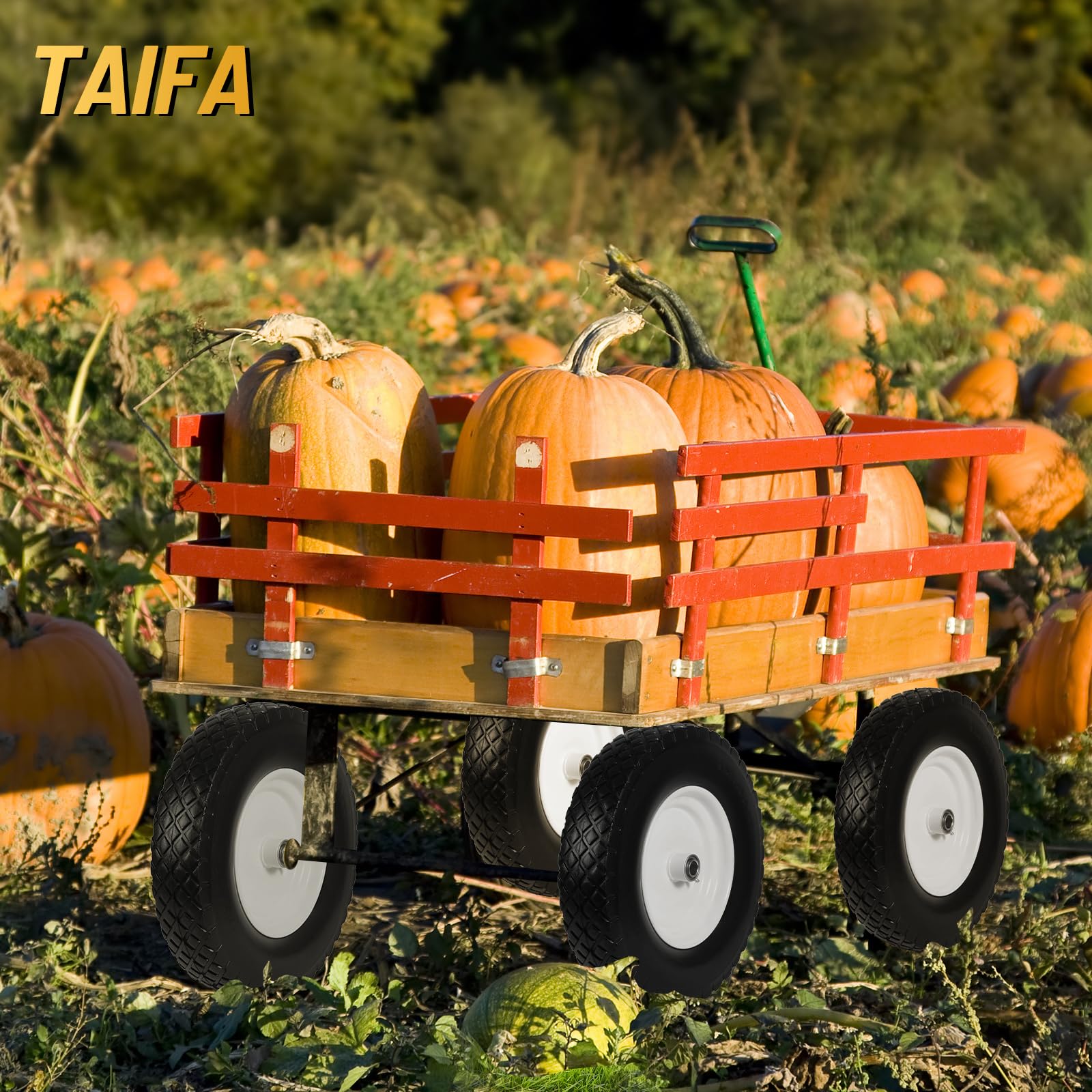 Taifa on garden cart in yard showing heavy-duty use and improved maneuverability