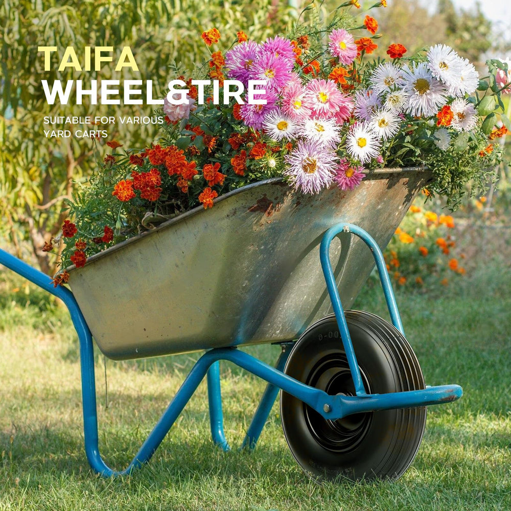 Taifa lifestyle photo of garden wagon with Taifa wheels pulling over gravel for reliable performance