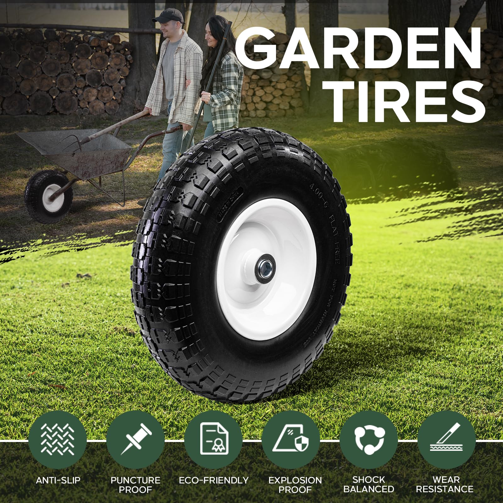 Taifa wheel installed on wheelbarrow in garden making hauling easier