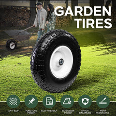 Taifa wheel installed on wheelbarrow in garden making hauling easier