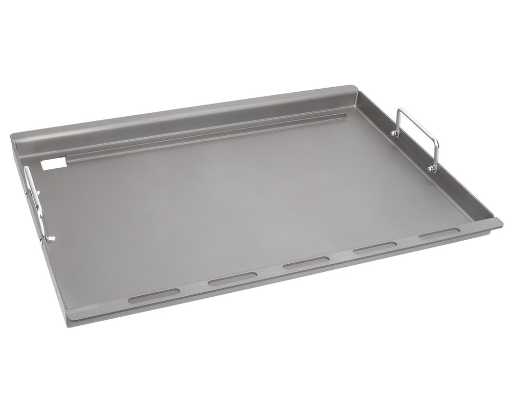 TAILGRILLER griddle front view showing full-size fit and quick heat benefit