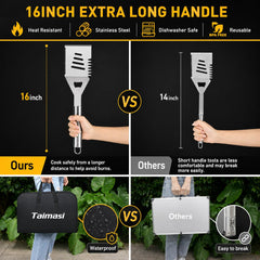 Taimasi tools laid out displaying stainless-steel kit for complete grilling convenience