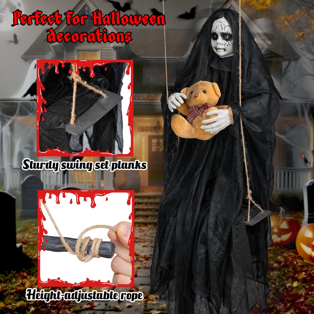 TAINAT hanging doll on porch at night creating spooky illuminated entrance