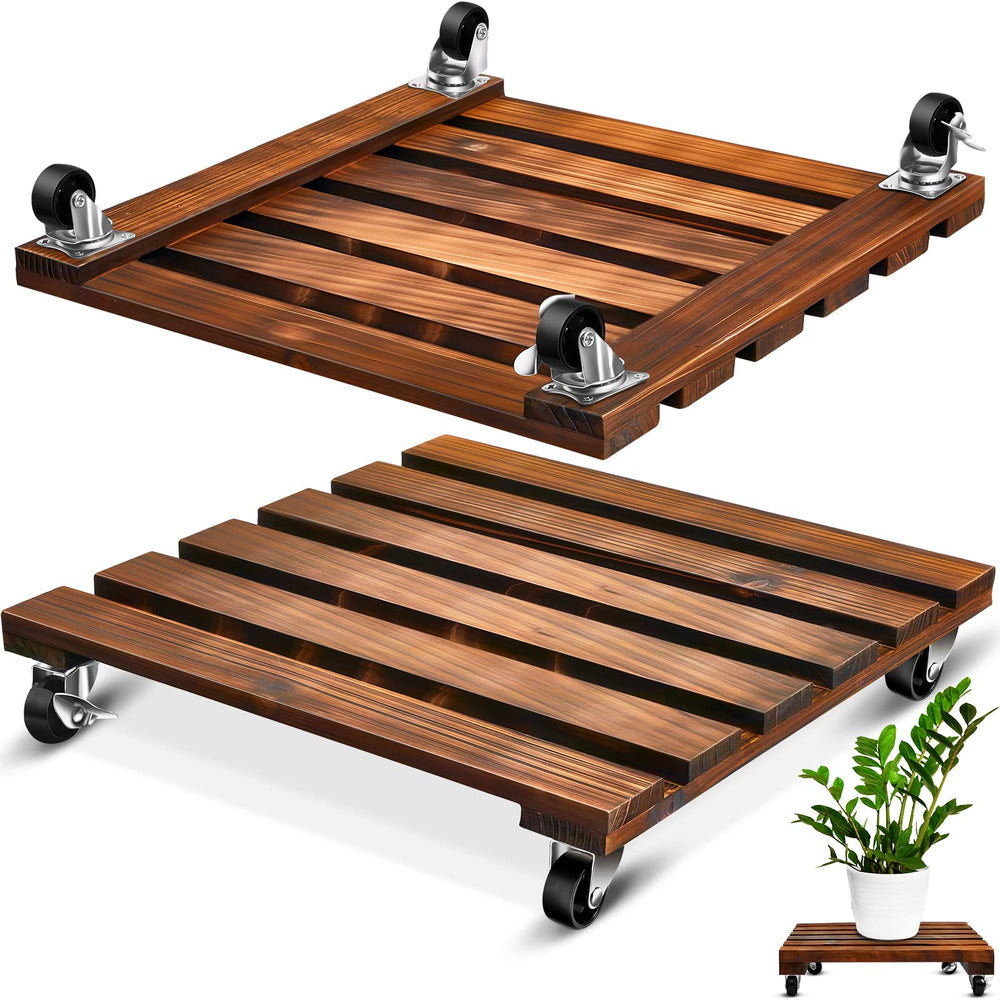 Taiyin front view of wooden plant stand showing stable square platform and casters, easy mobility