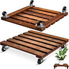 Taiyin front view of wooden plant stand showing stable square platform and casters, easy mobility