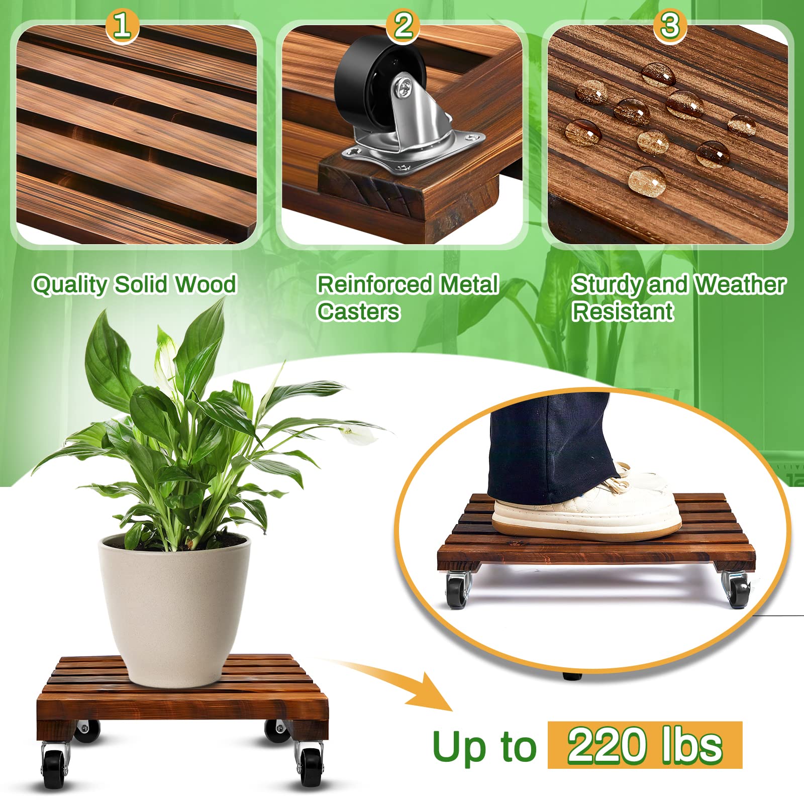 Taiyin plant stand supporting a large planter demonstrating 220 lb capacity and effortless repositioning