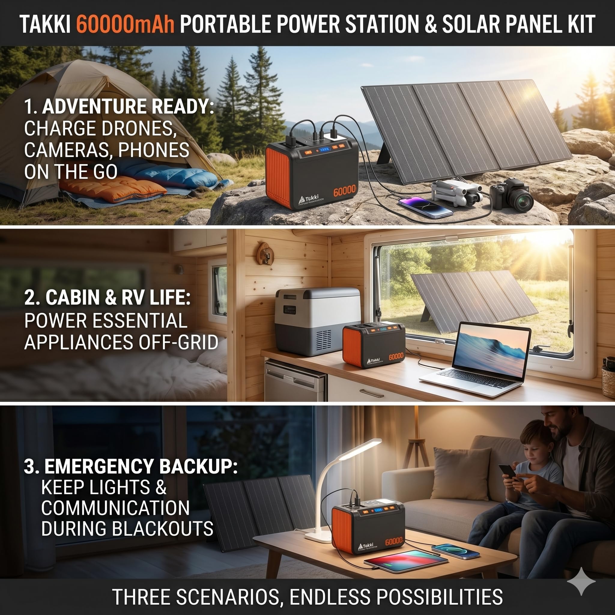 Takki kit with AC adapter car cable DC-DC cable and 10-in-1 connector laid out