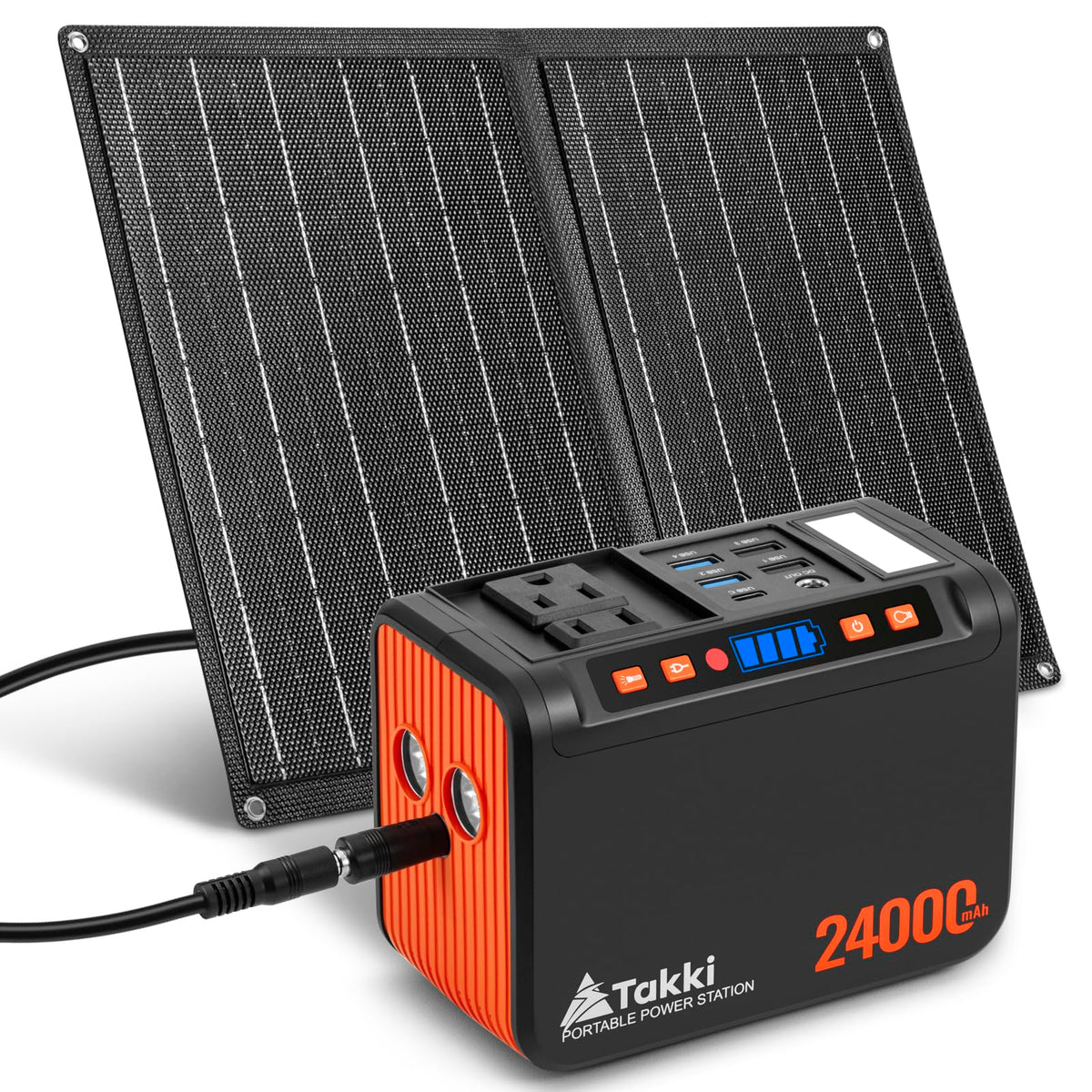 Takki front view of power station and panel showing portability and all ports