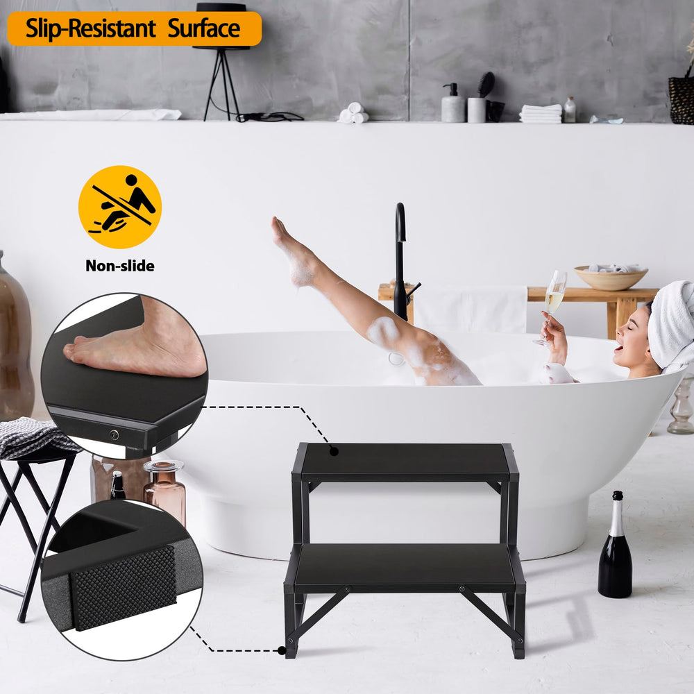 Talustool in use at hot tub demonstrating safe entry and support