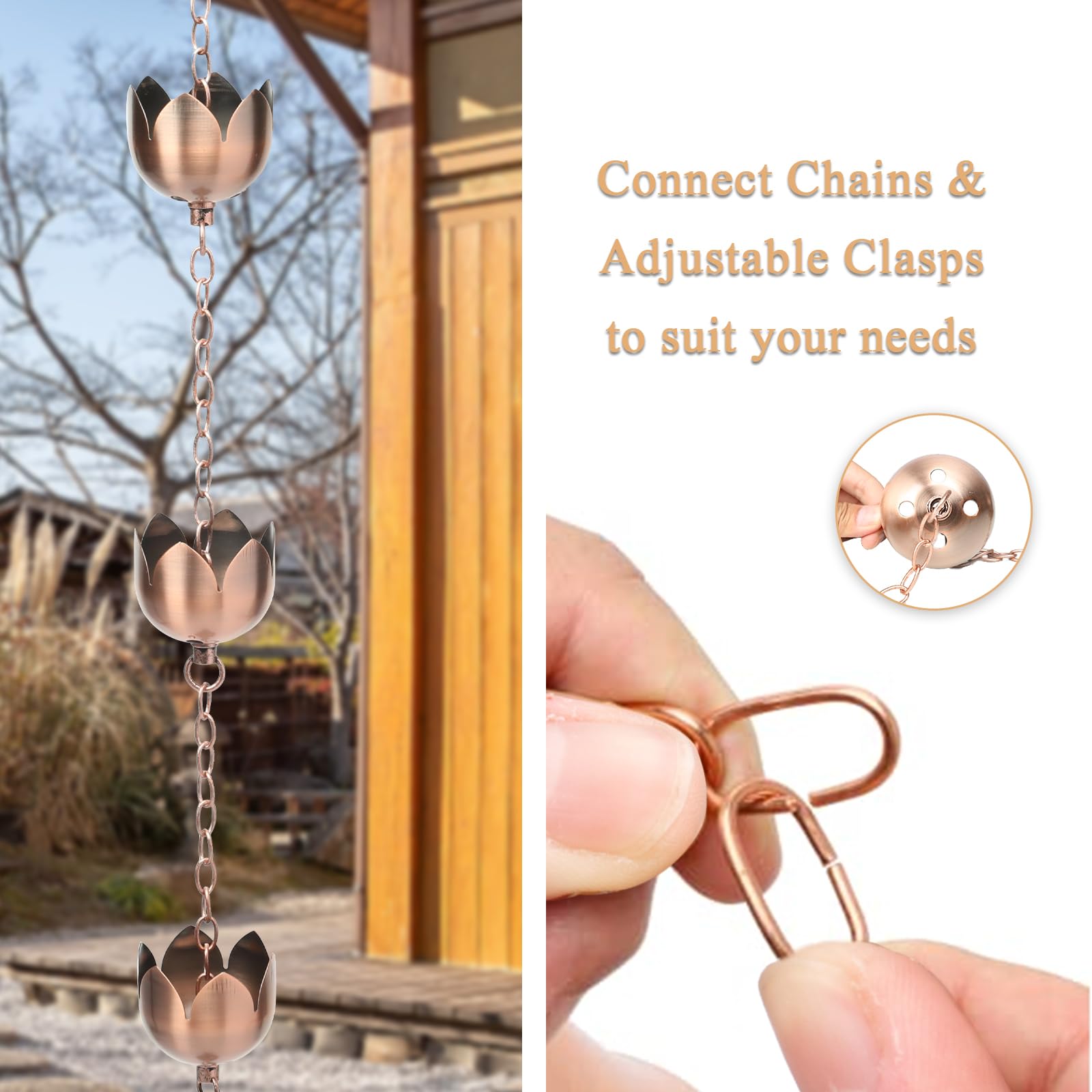 taman rain chain directing water into a splash plate, reduced-splash benefit