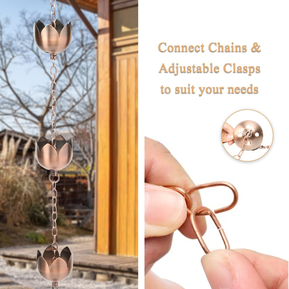 taman rain chain directing water into a splash plate, reduced-splash benefit