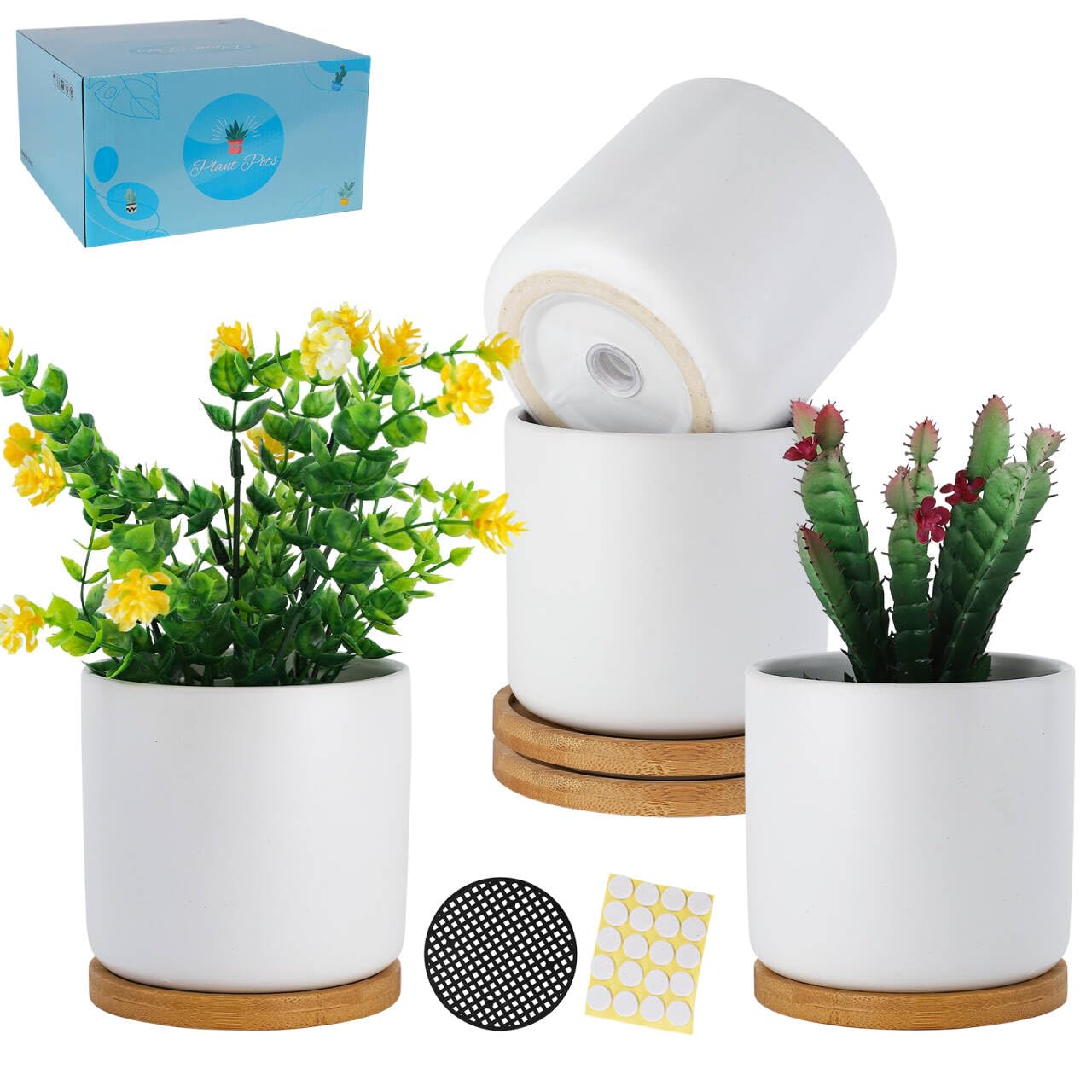 TAMAYKIM front view of four white ceramic planters showing clean styling and cohesion