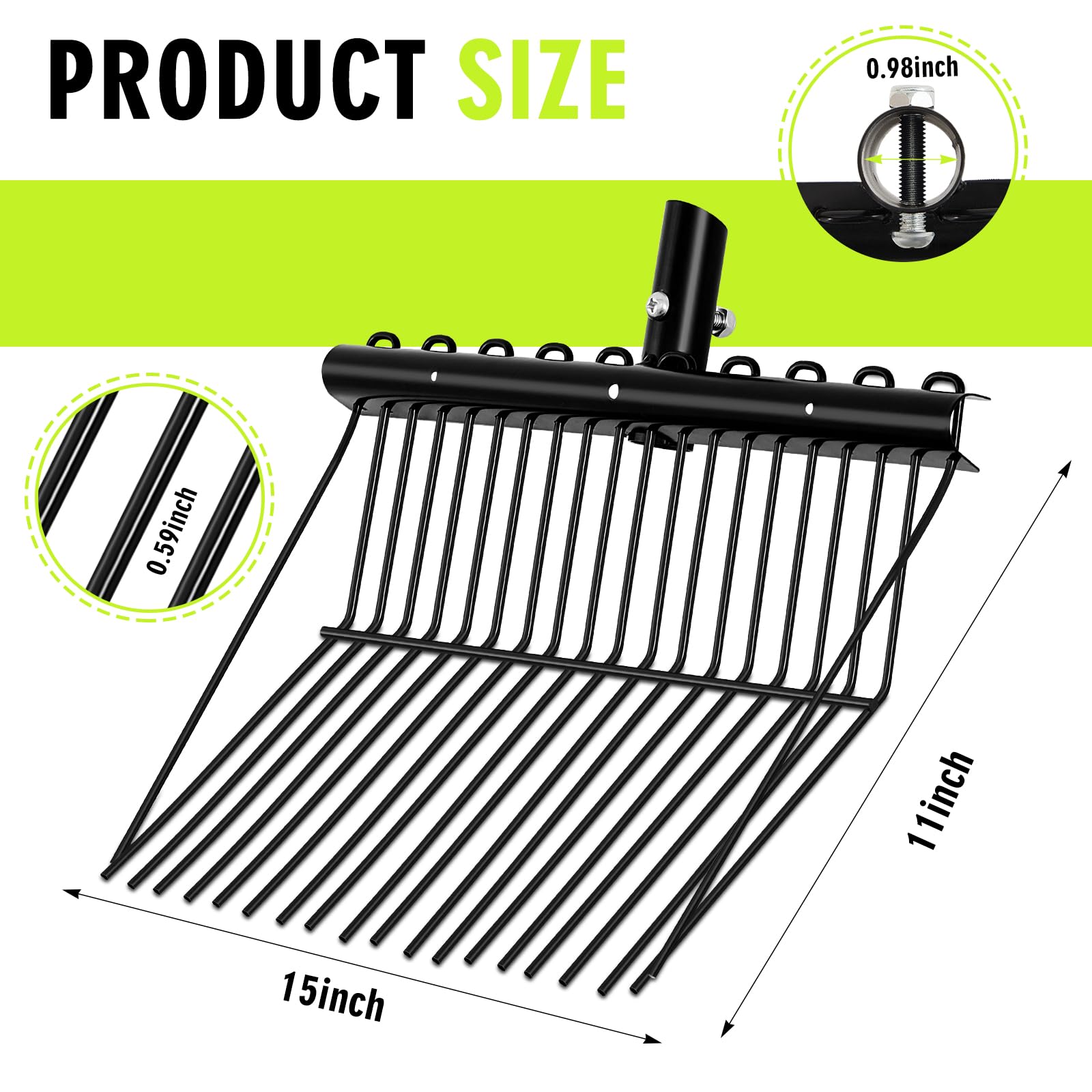 Tandefio close-up of angled tines showing strong scoop action for faster cleanup