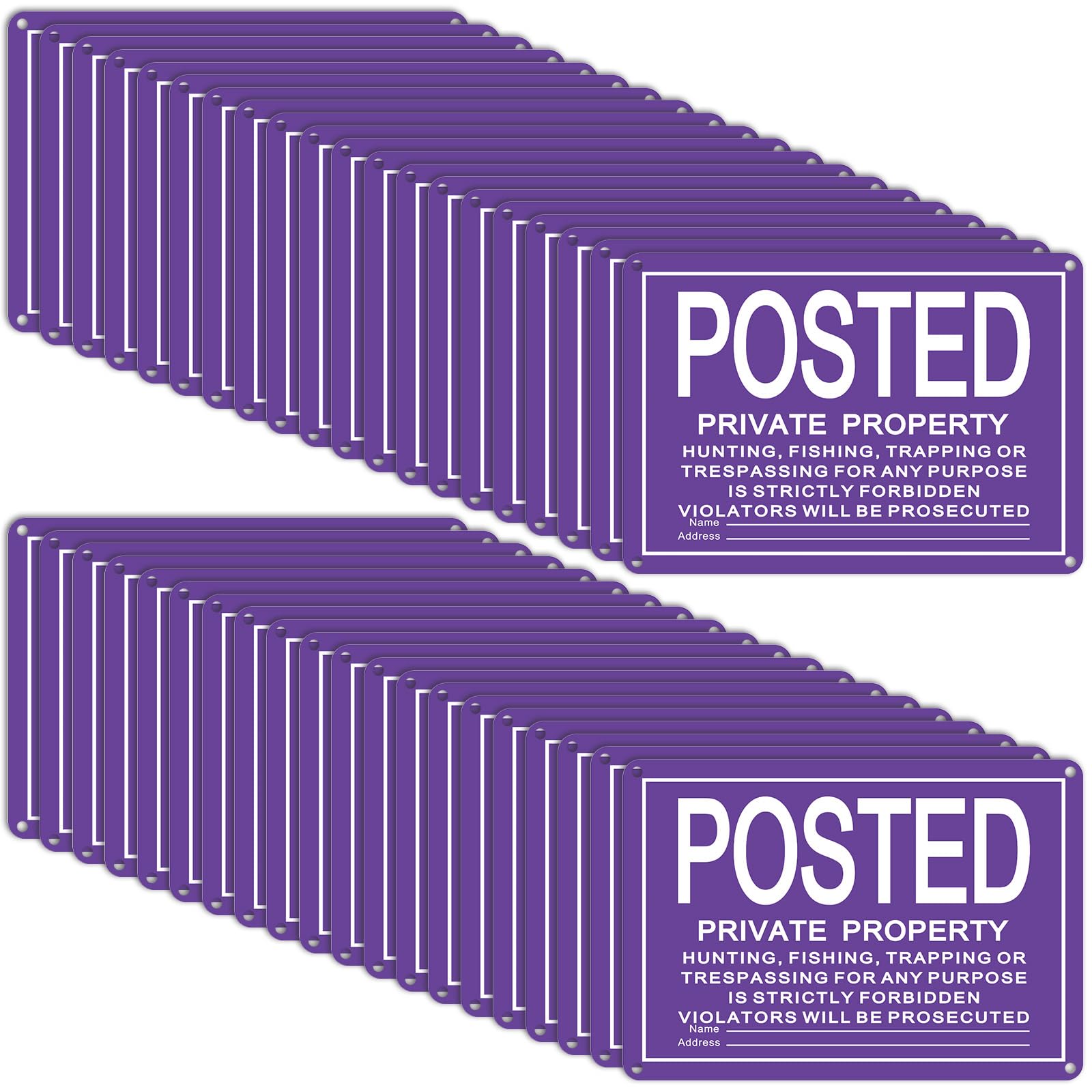 Tandefio front view of sign pack showing purple no trespassing message and quantity