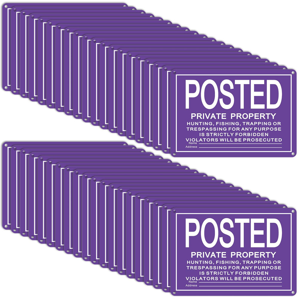 Tandefio front view of sign pack showing purple no trespassing message and quantity