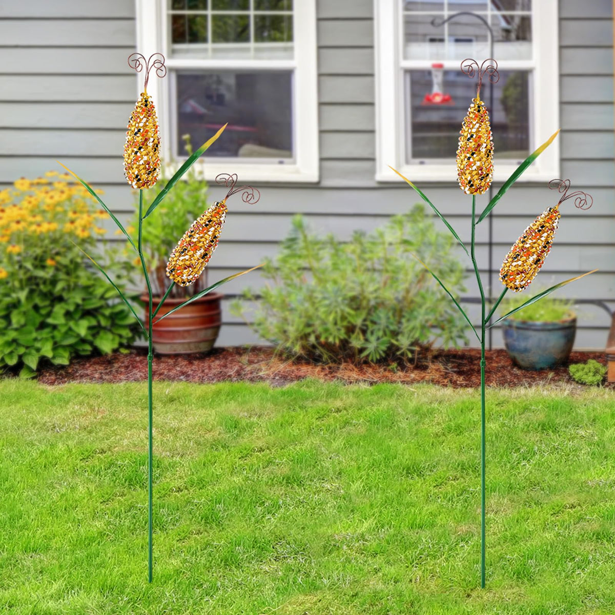 Tandefio front view of two corn stakes showing colorful fall curb appeal