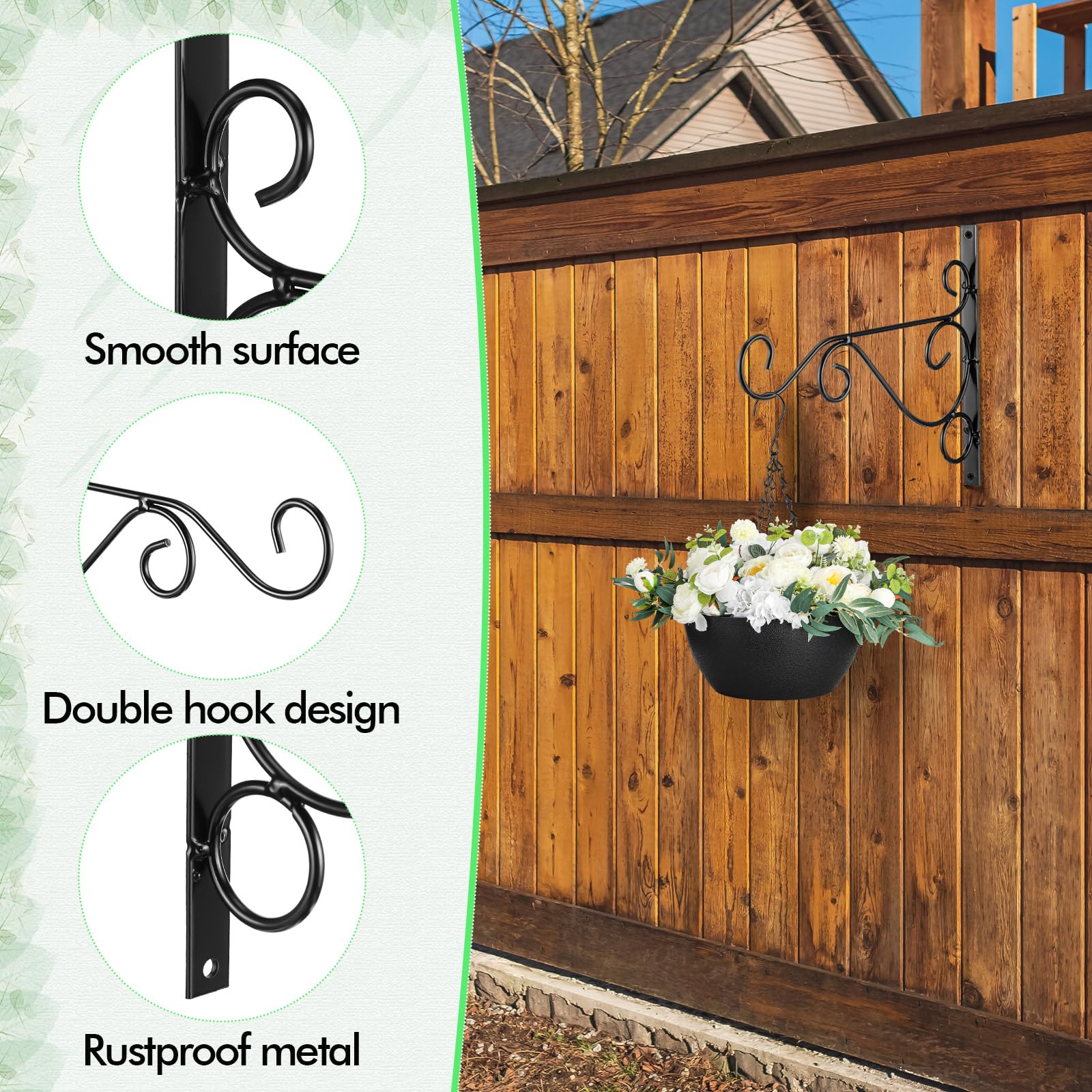 Tandefio bracket supporting a hanging basket in a garden illustrating reliable plant display