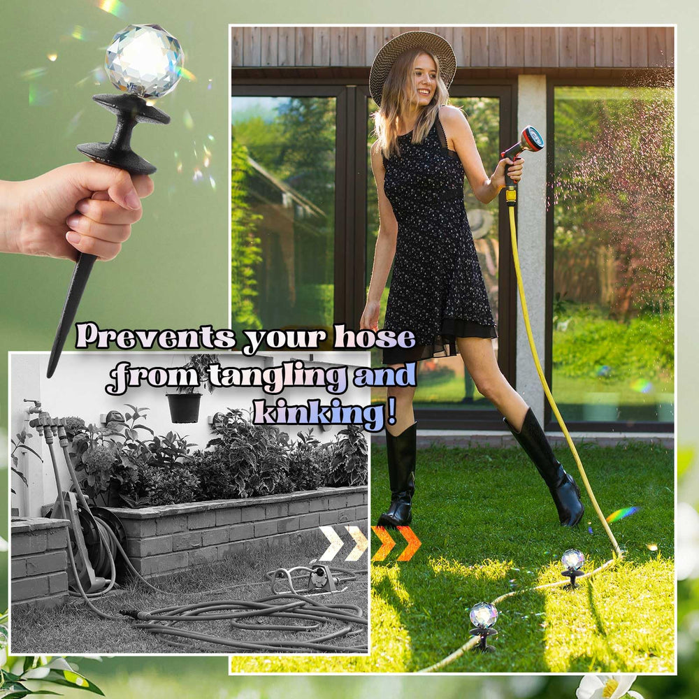 Tandefio hose guide in use directing hose around flower bed to protect plants