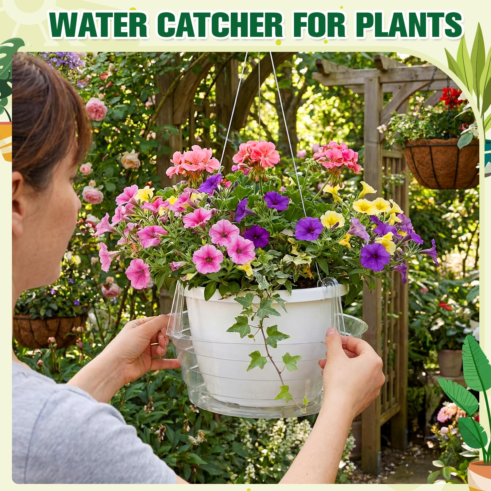 Tandefio in use under hanging basket catching runoff