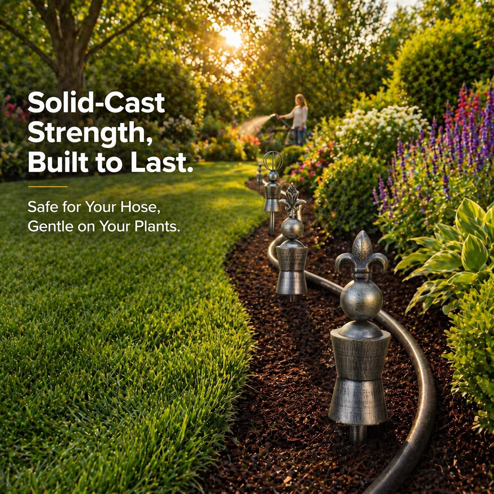 Tandefio guides along a garden path adding classic bronze accents while preventing hose damage