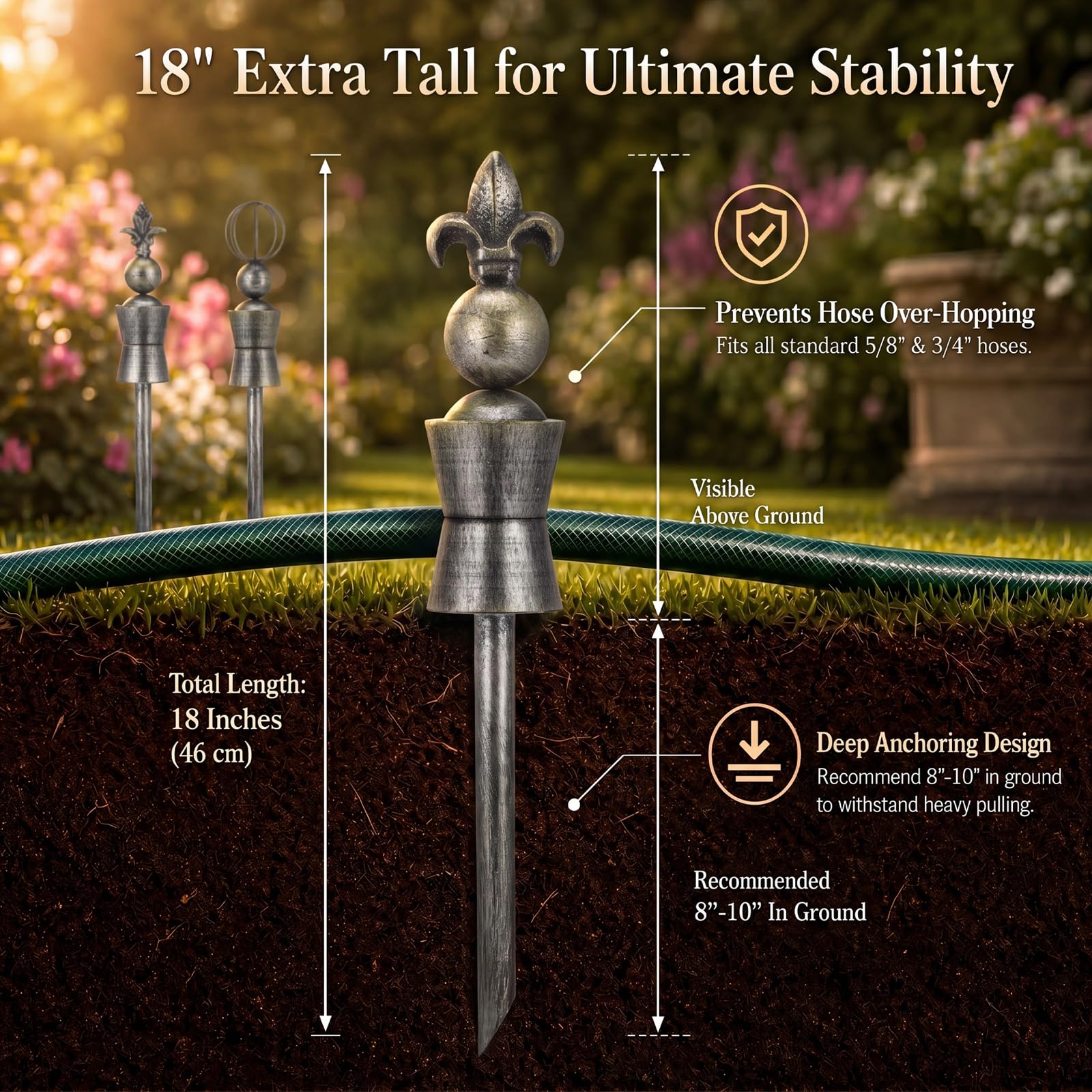 Tandefio 18-inch spike beside a ruler showing depth and secure anchoring in soil