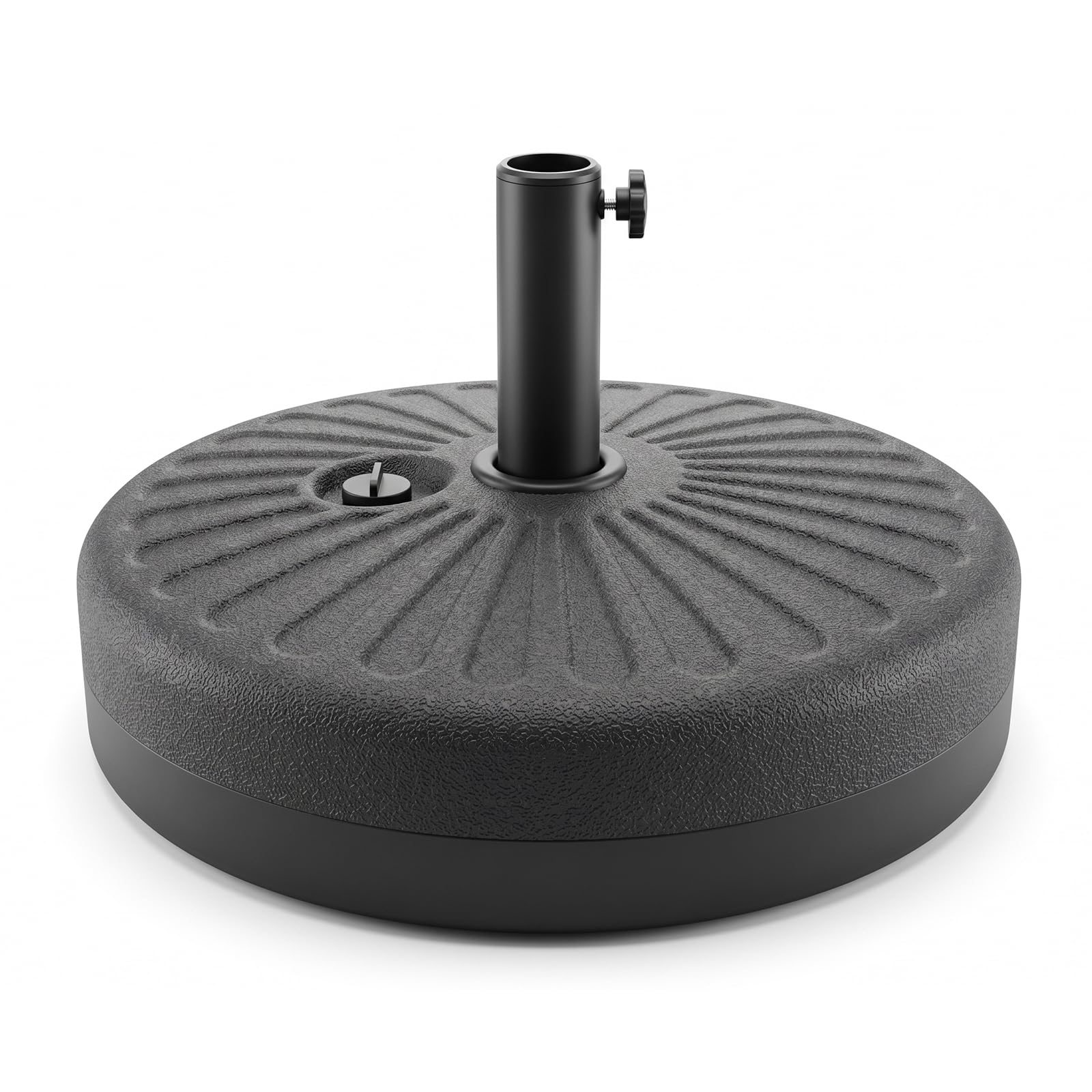 T&Jero front view of umbrella base showing stable 20-inch footprint and black finish benefit