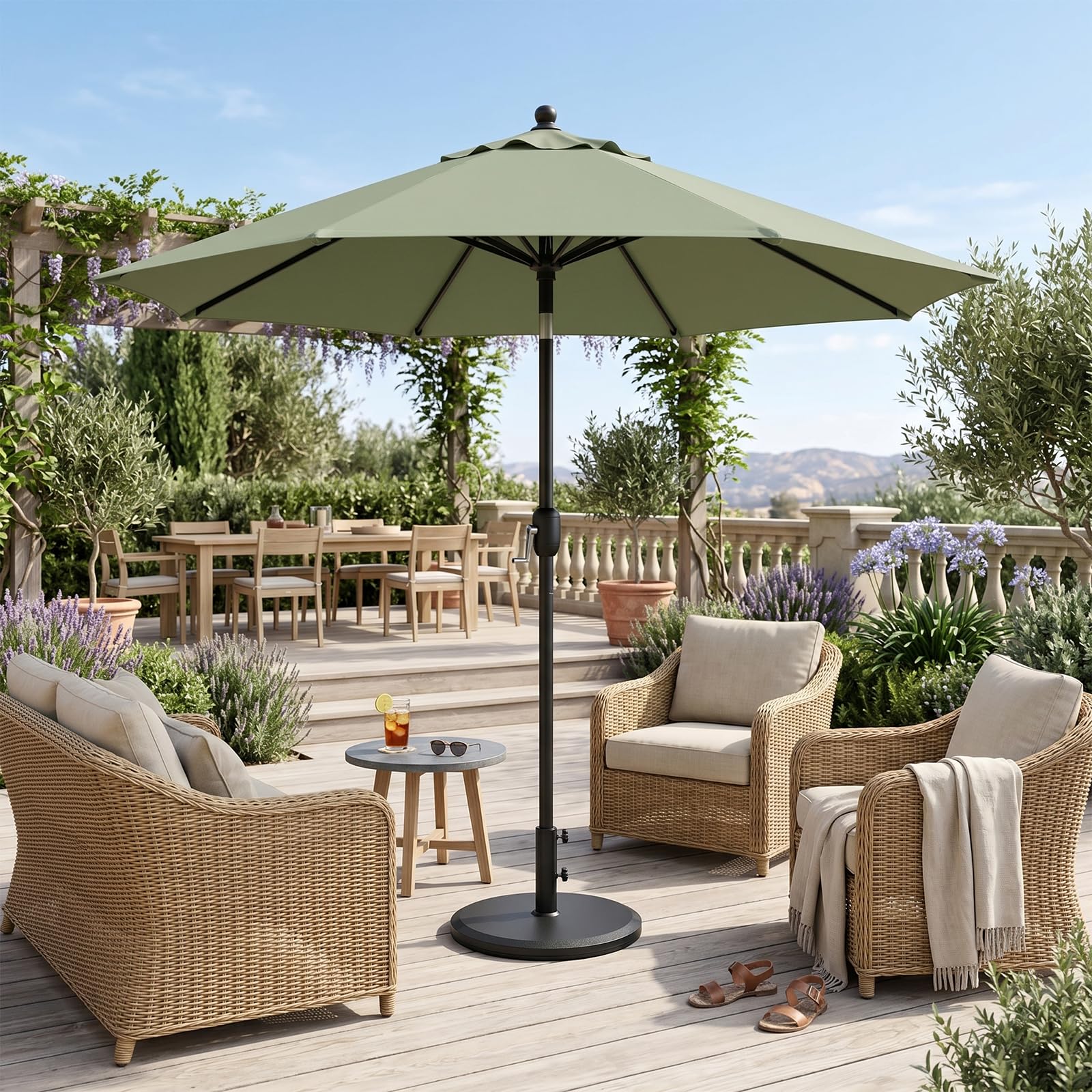 T&Jero patio lifestyle scene showing anchored umbrella and aesthetic appeal