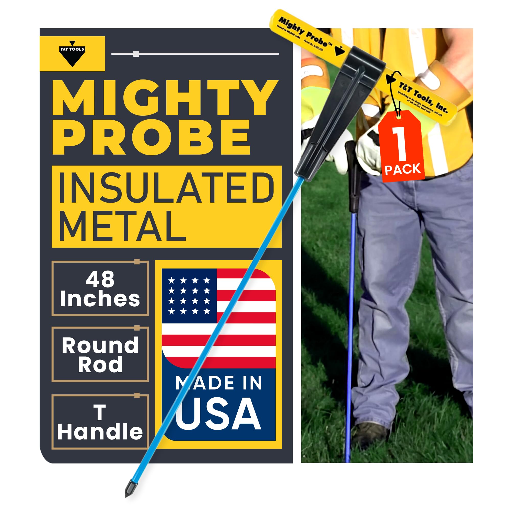 T & T Tools front view of probe showing full 48-inch rod and T-handle benefit durability