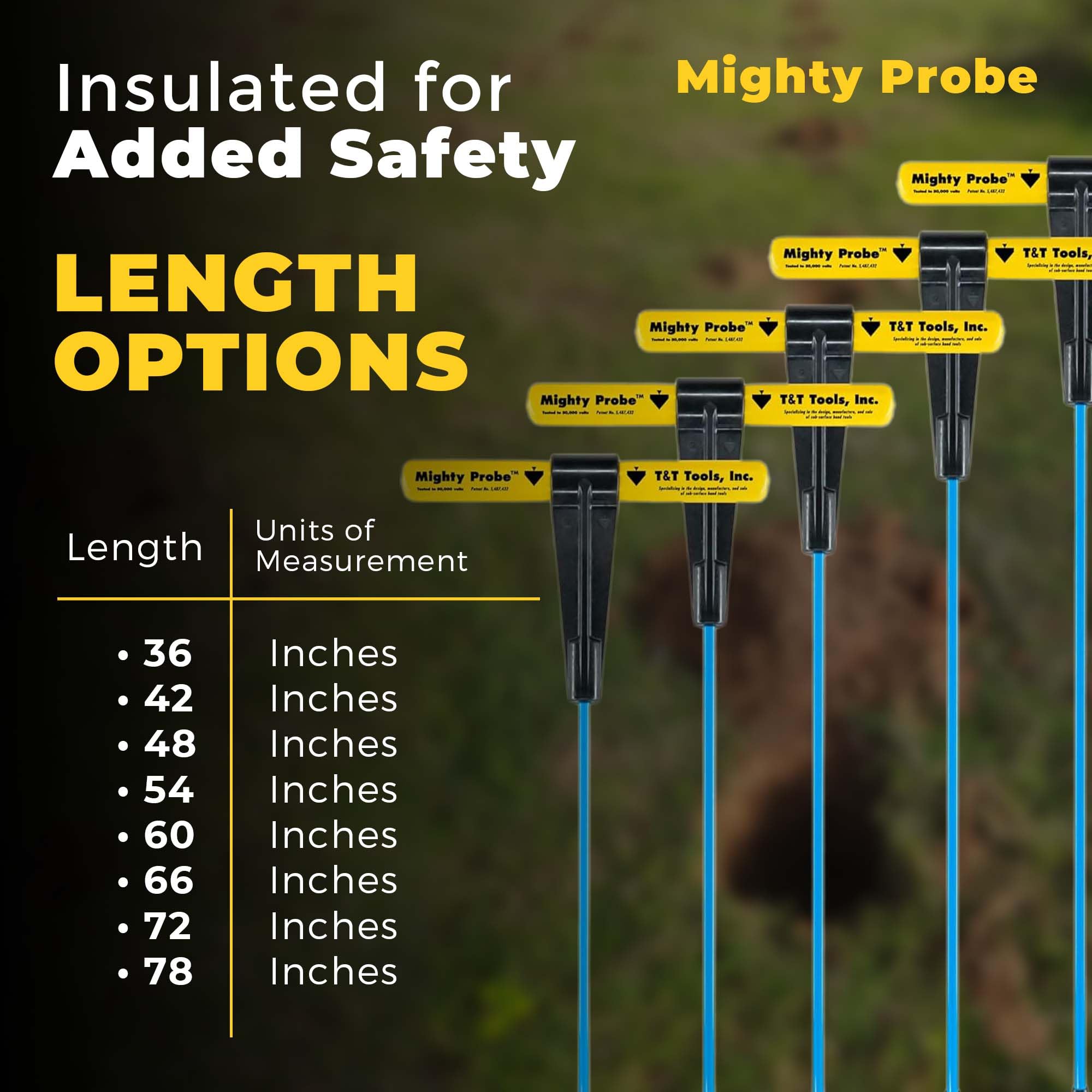 T & T Tools probe laid against tape measure showing 48-inch length for reach
