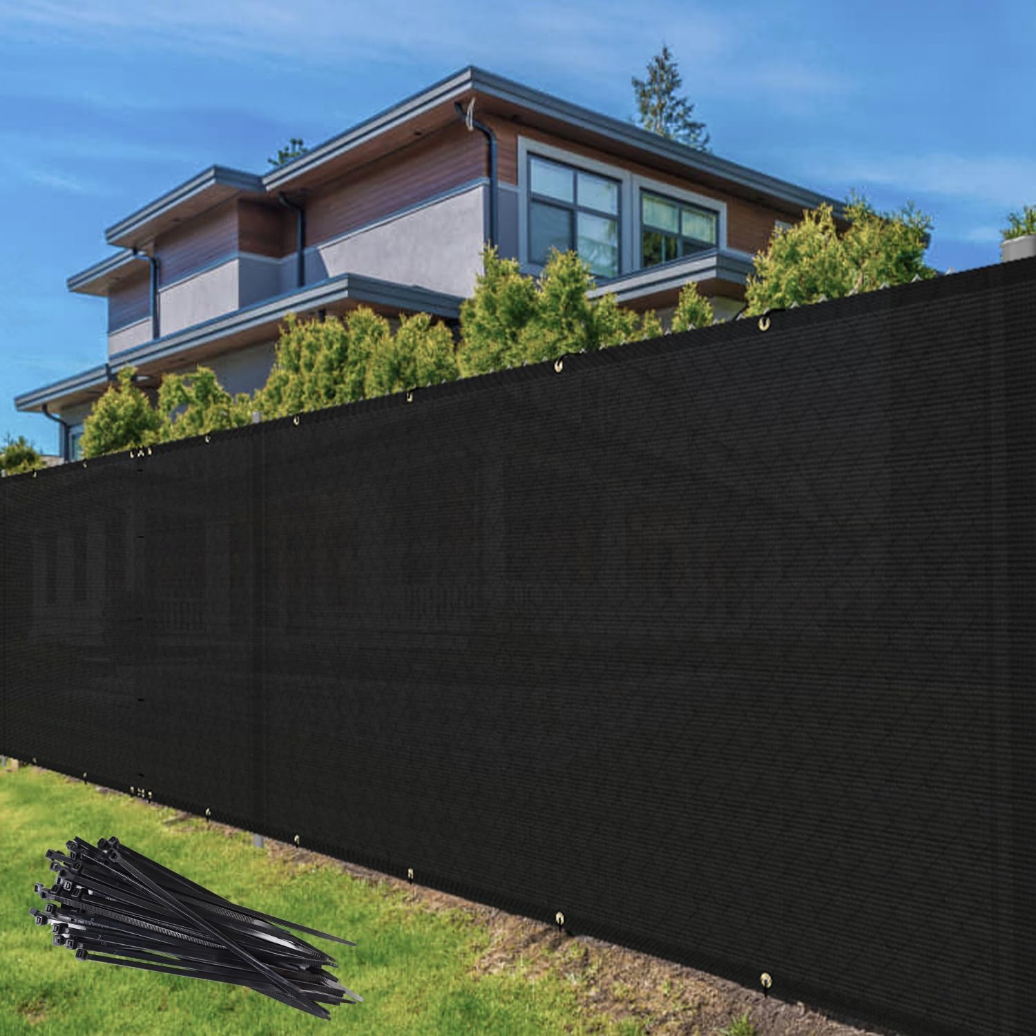 TANG front view of 4x50 black privacy fence screen showing compact packaging and coverage benefit