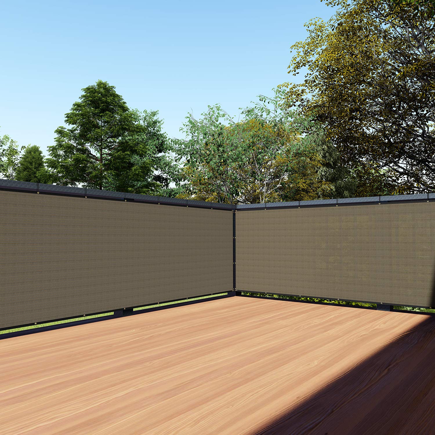 TANG front view of balcony screen showing full panel and neutral brown color for privacy