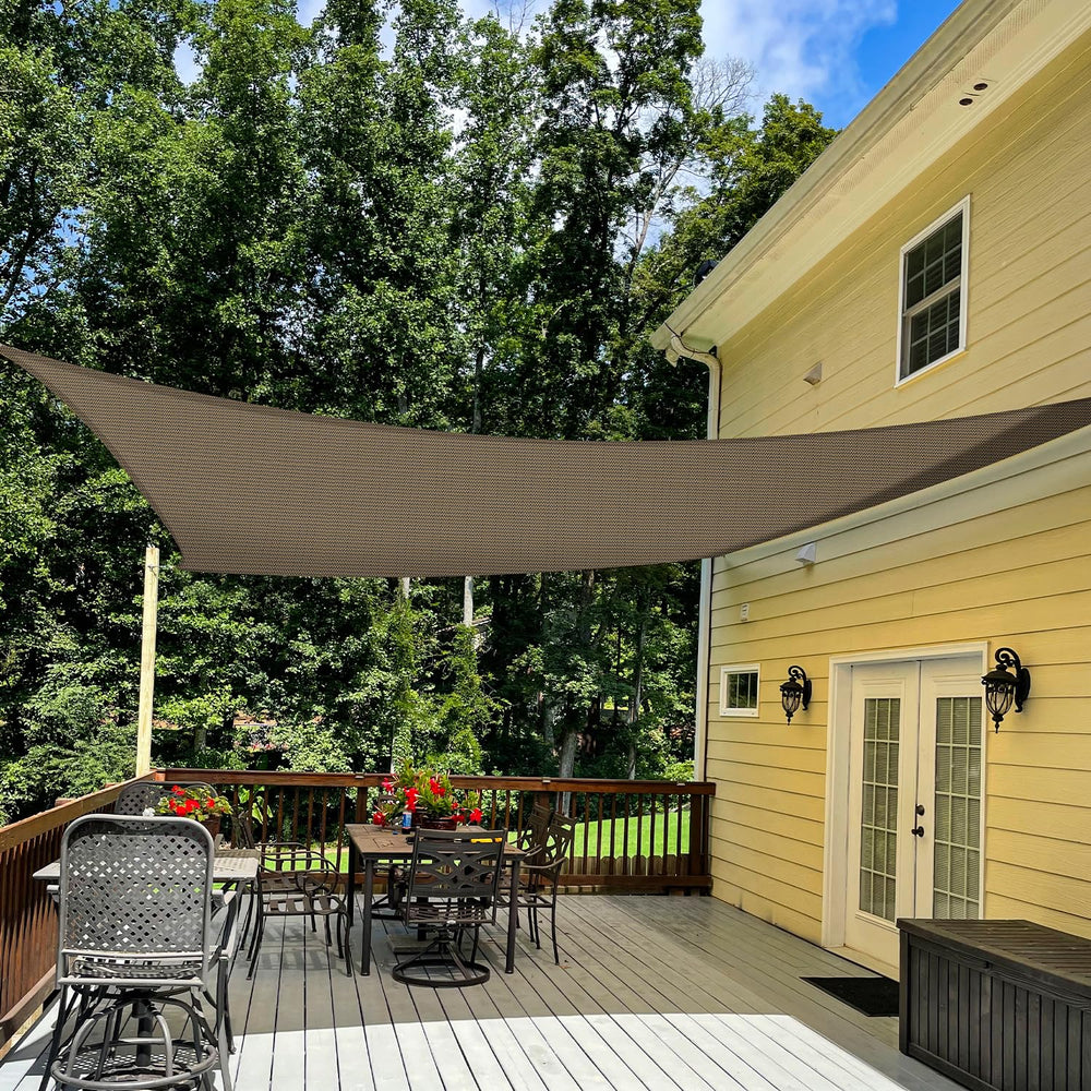 TANG front view of 16x20 rectangle sun shade showing full coverage and neutral brown look
