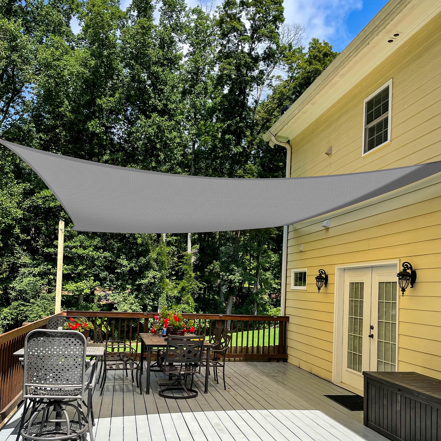 TANG front view of gray rectangular shade sail showing full coverage benefit