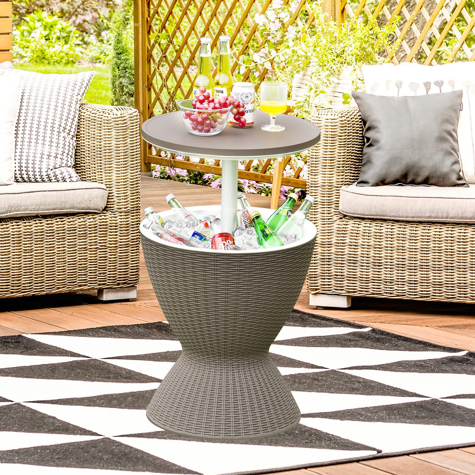 Tangkula styled as coffee table with snacks showing everyday outdoor entertaining benefit