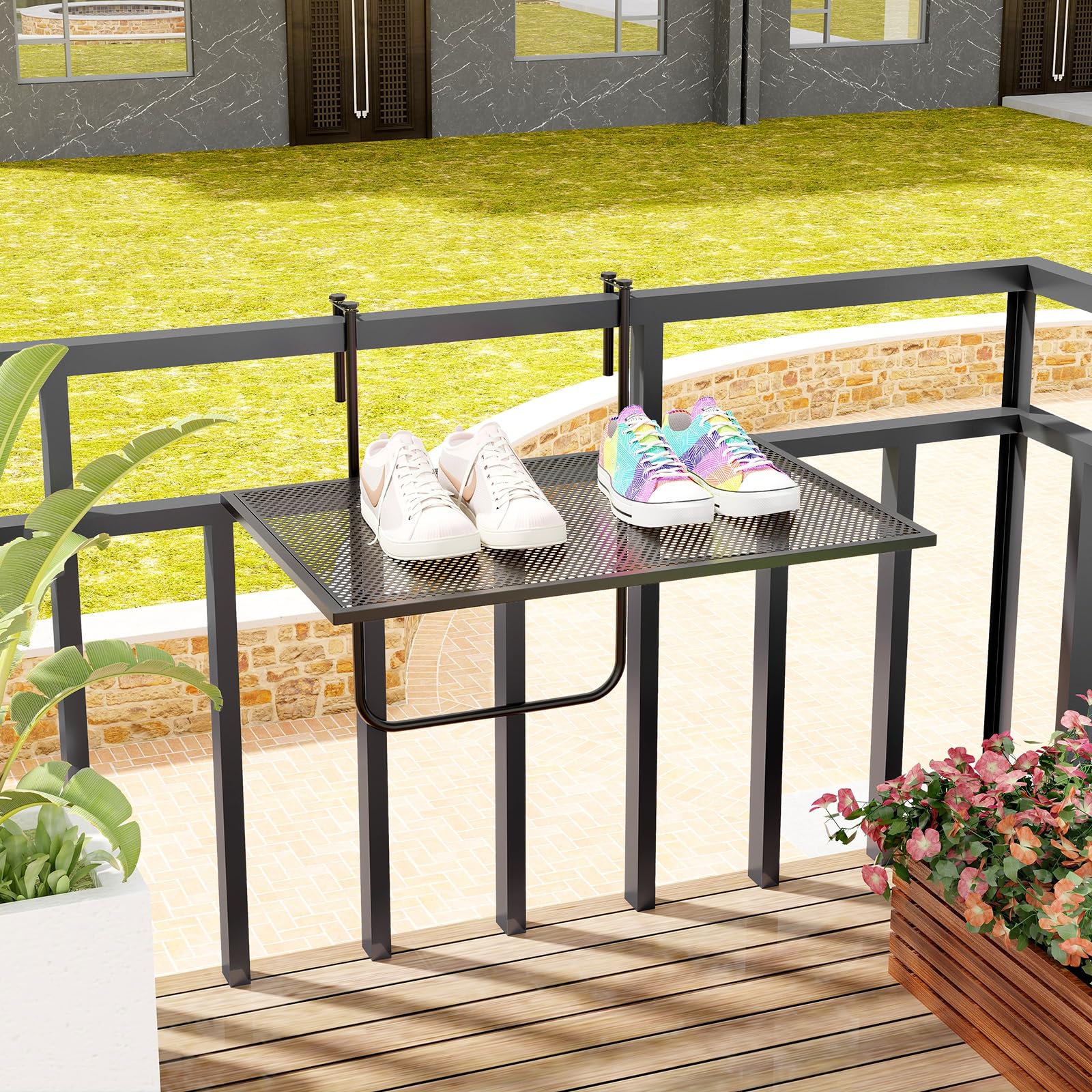 Tangkula folded table flat against railing for compact storage and space saving