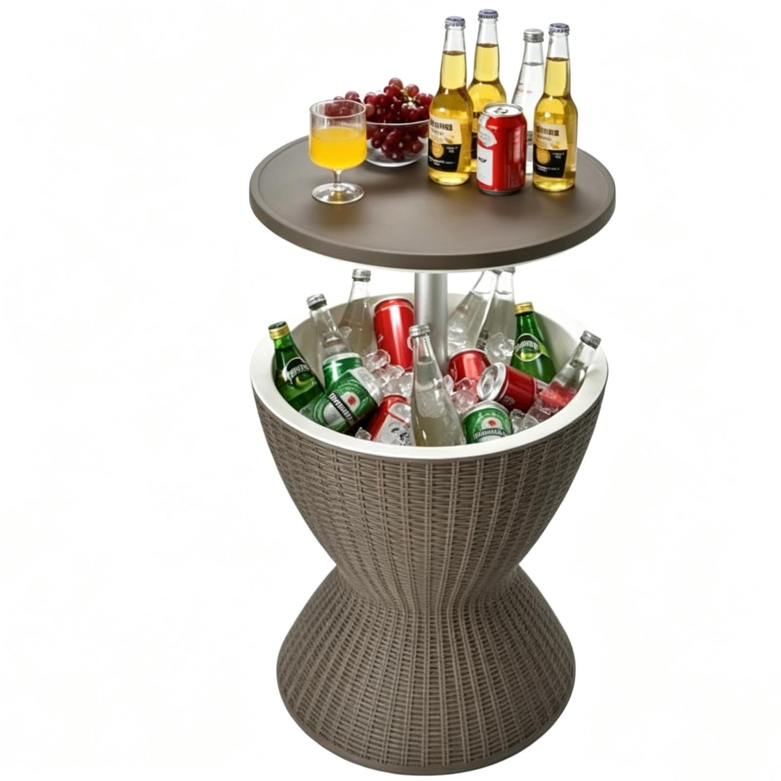 Tangkula front view showing full rattan-style cooler table and top closed for versatile use