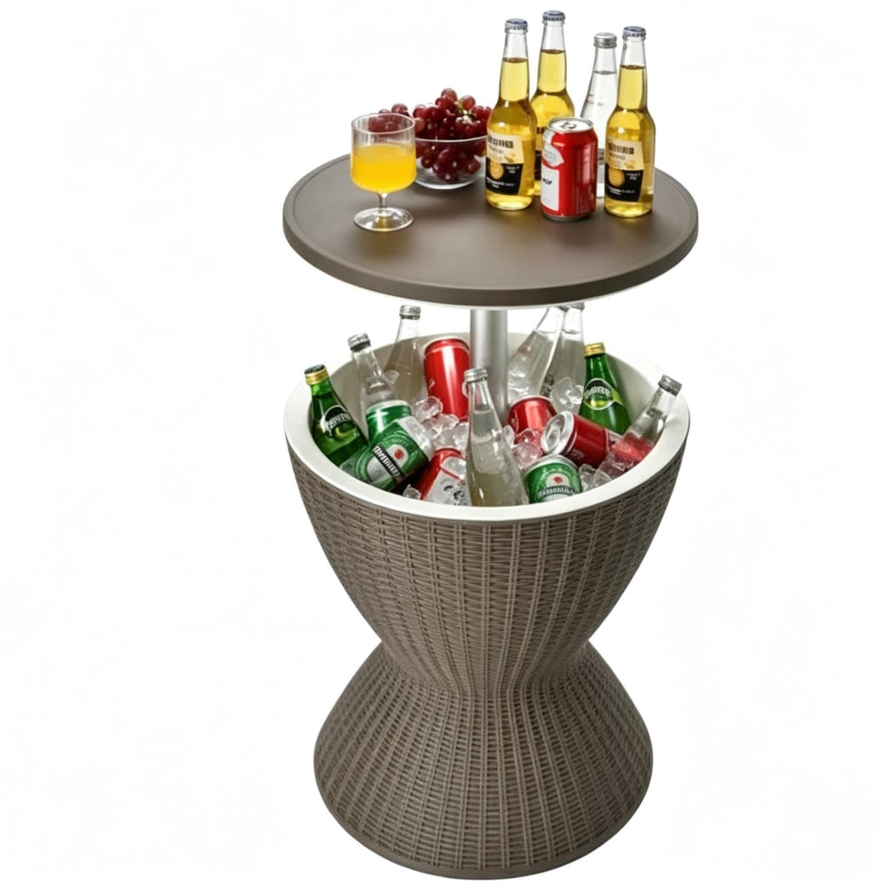 Tangkula front view showing full rattan-style cooler table and top closed for versatile use