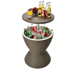 Tangkula front view showing full rattan-style cooler table and top closed for versatile use