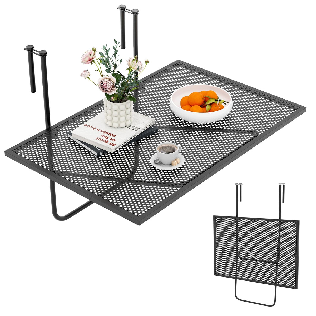 Tangkula hanging table front view showing secure rail mount and clean modern look