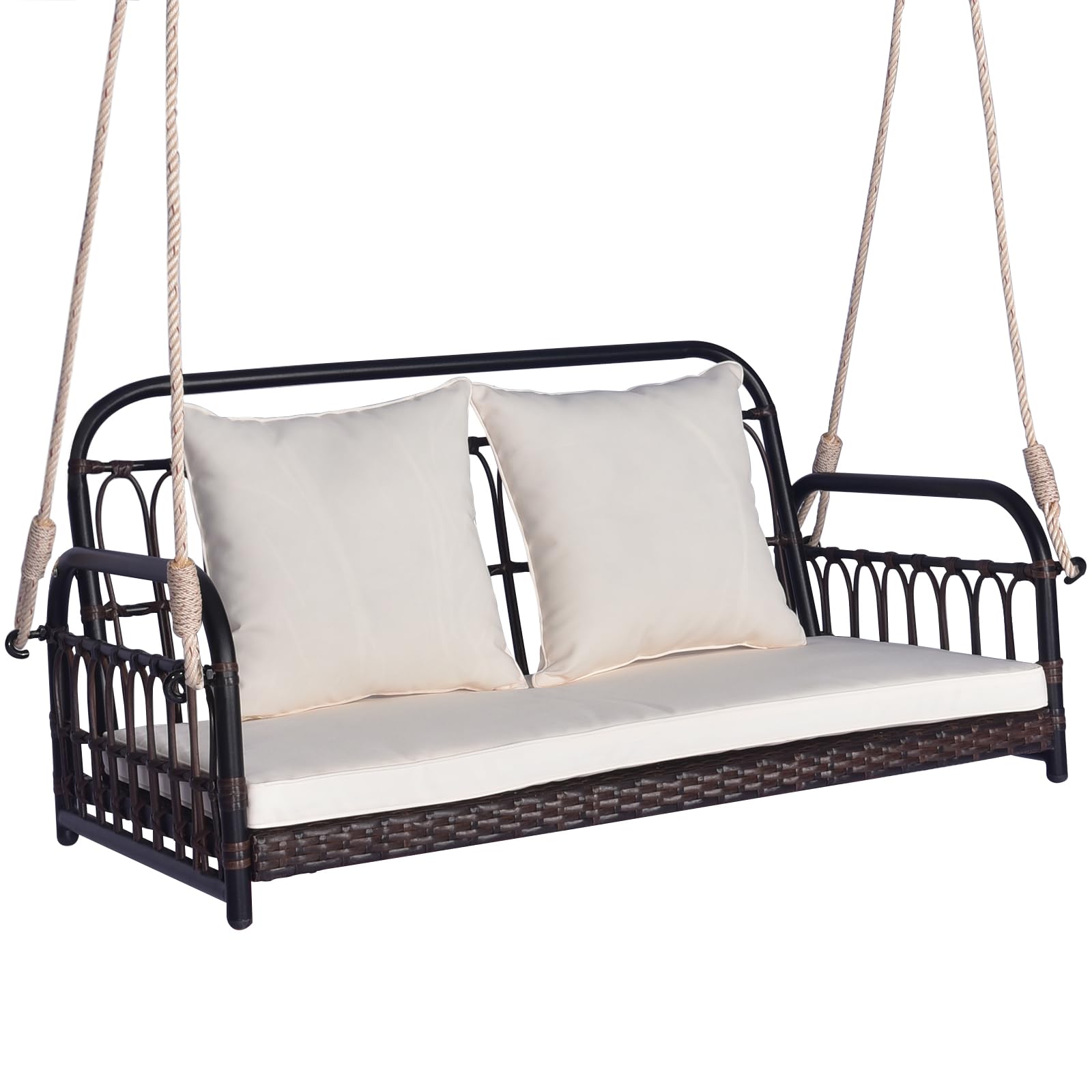 Tangkula front view porch swing showing two-person seating and cushioned comfort