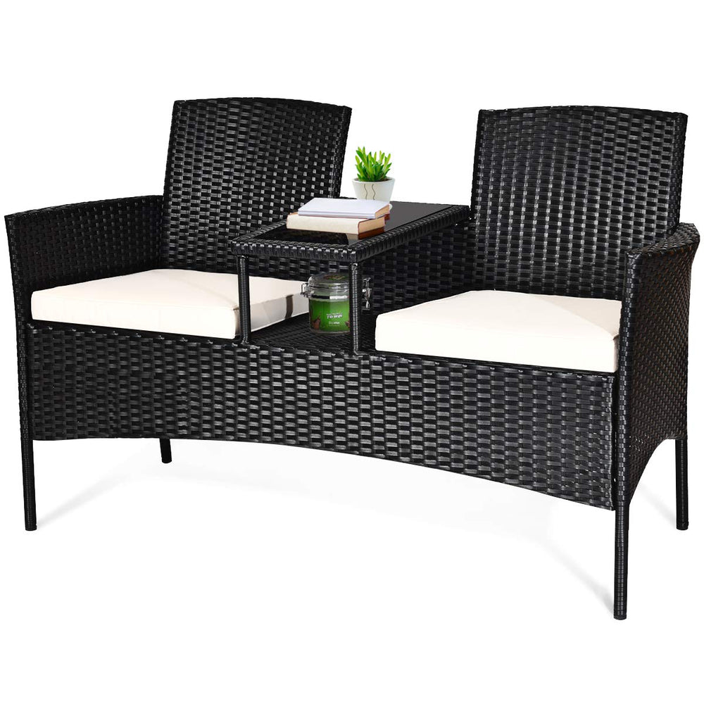 Tangkula front view white wicker bench and table showing compact comfort