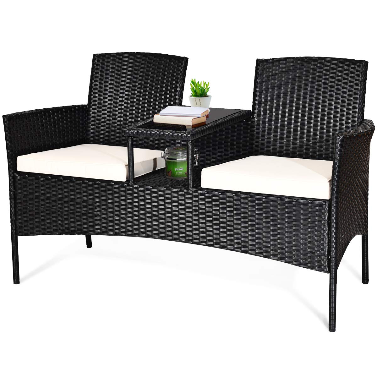 Tangkula front view white wicker bench and table showing compact comfort
