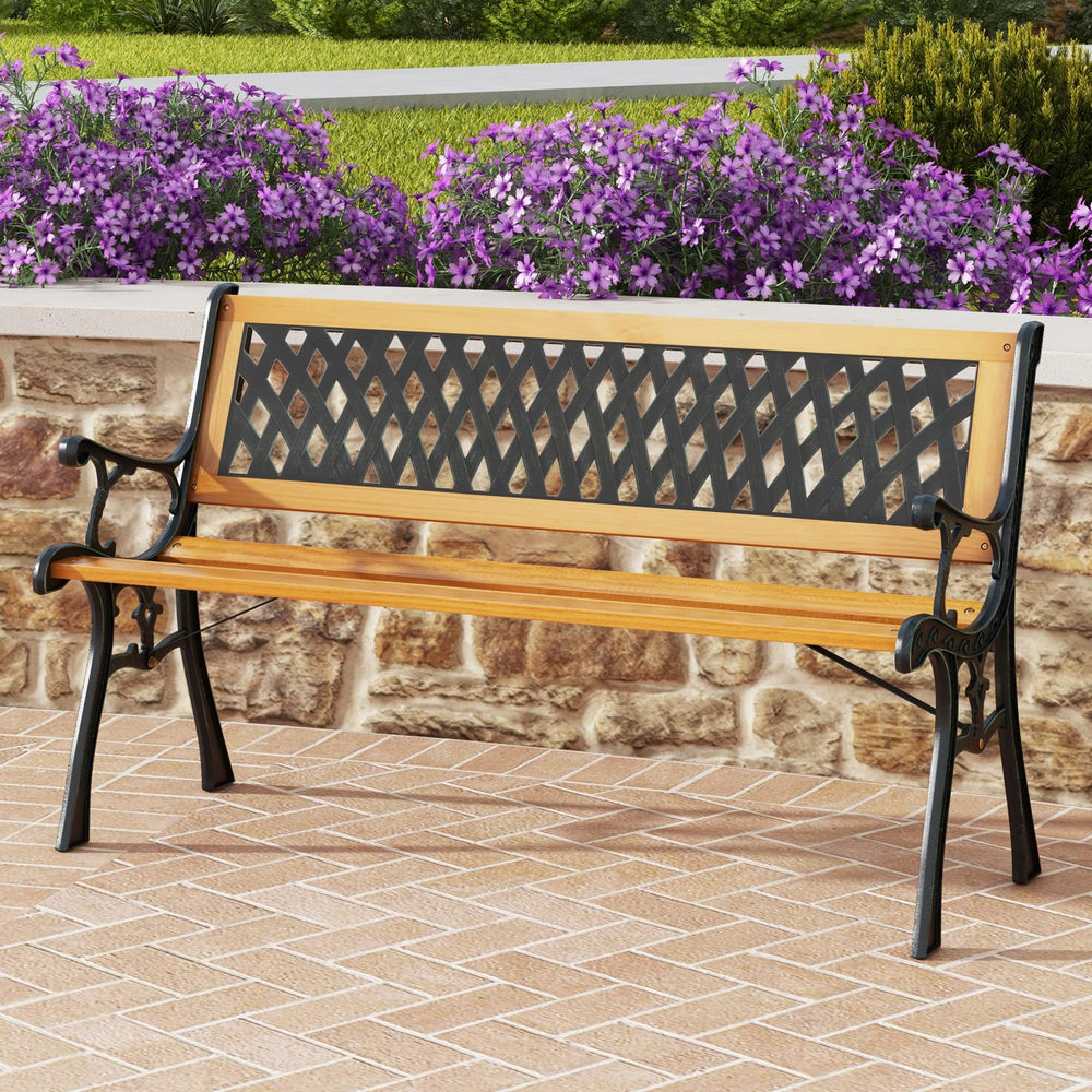 Tangkula bench on a patio with cushions showing outdoor styling benefit