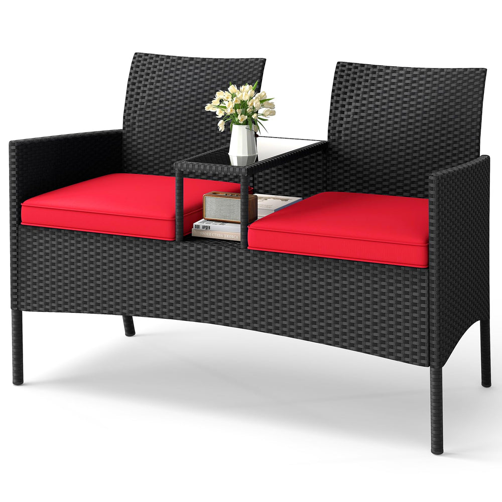 Tangkula loveseat front view showing seating and center table, ideal for conversations