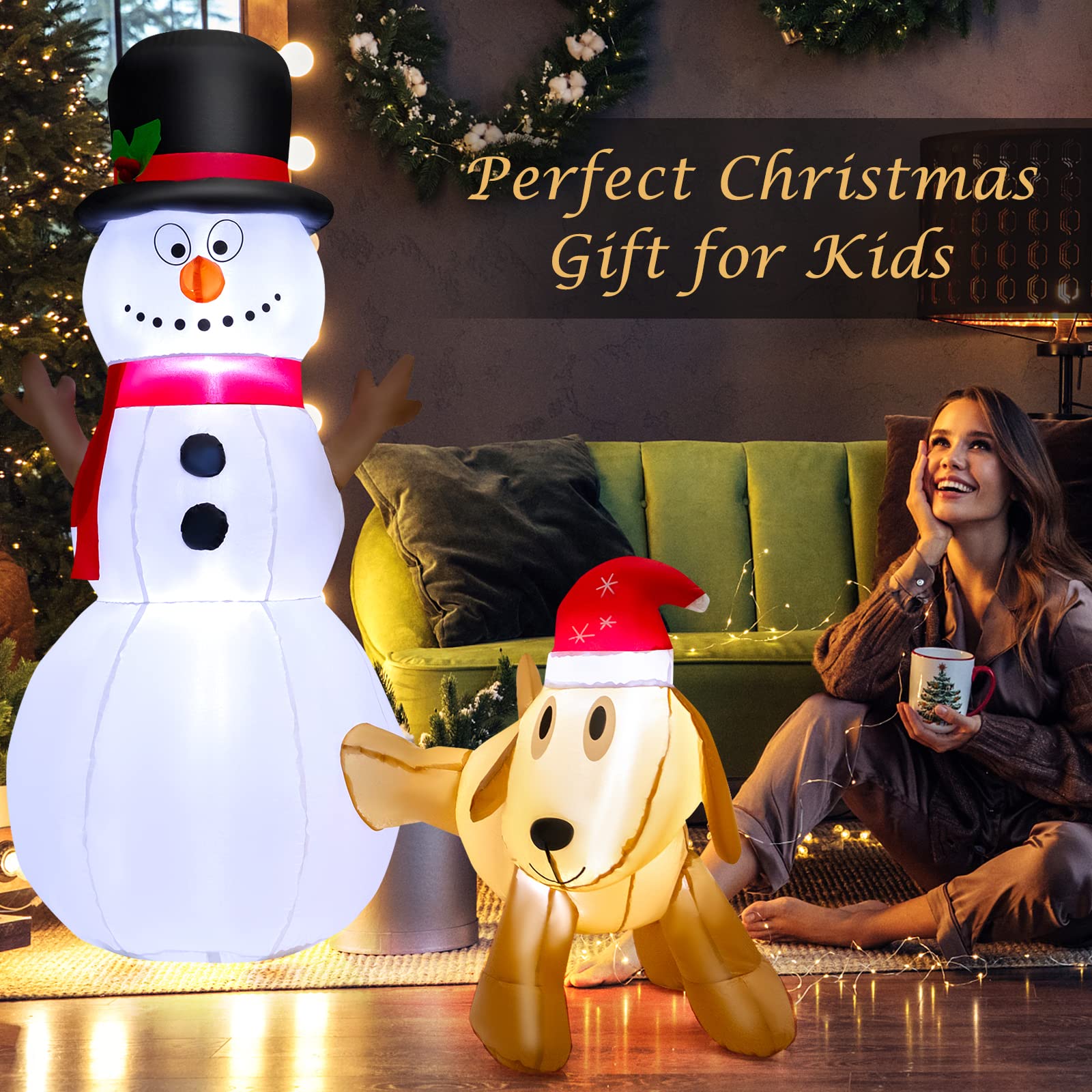 Tangkula glowing inflatable snowman and dog lit in a yard at night