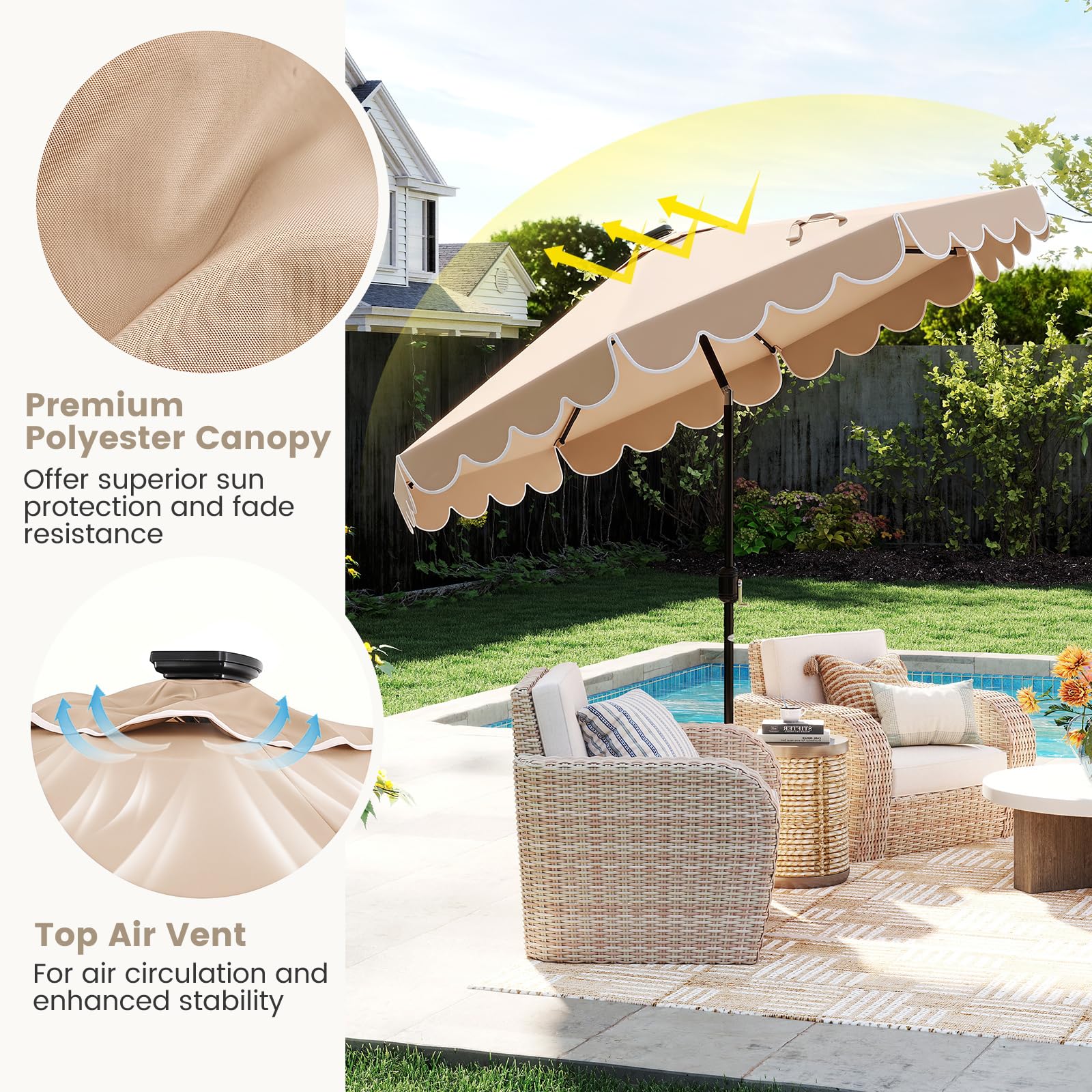 Tangkula next to patio table and chairs showing size and coverage benefit