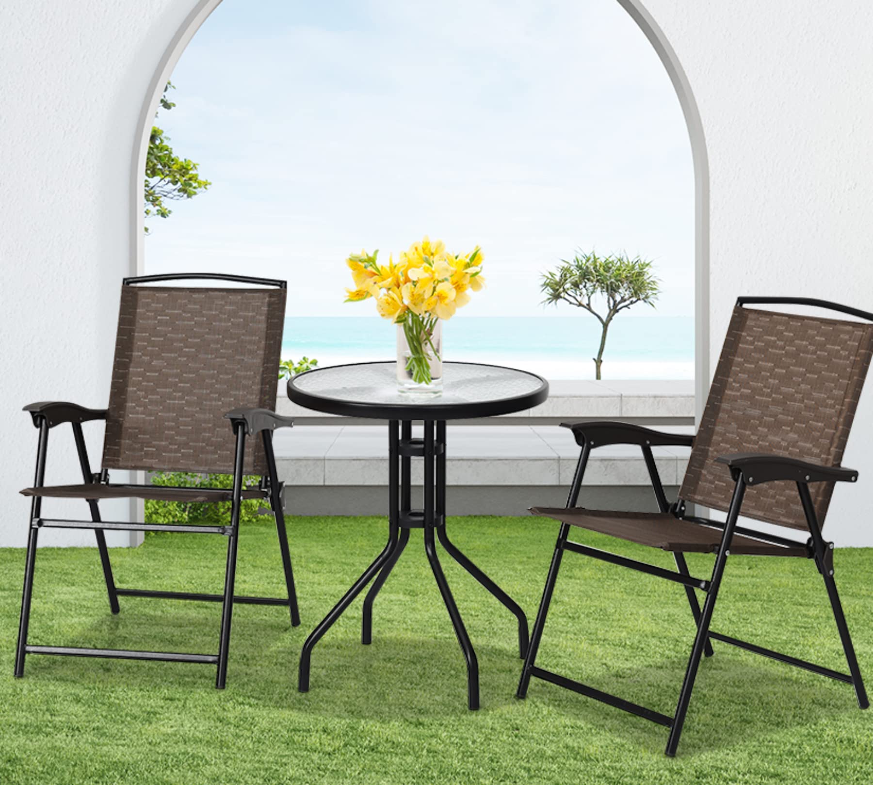 Tangkula bistro set styled on a balcony showing space-saving seating and relaxed atmosphere