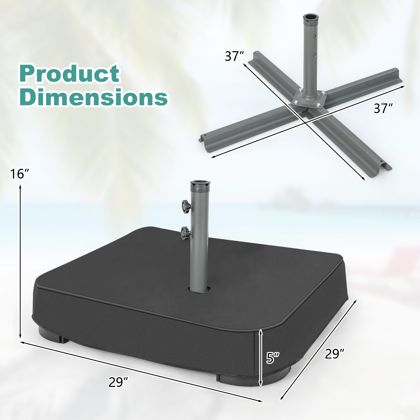 Tangkula base next to patio table showing compact footprint advantage