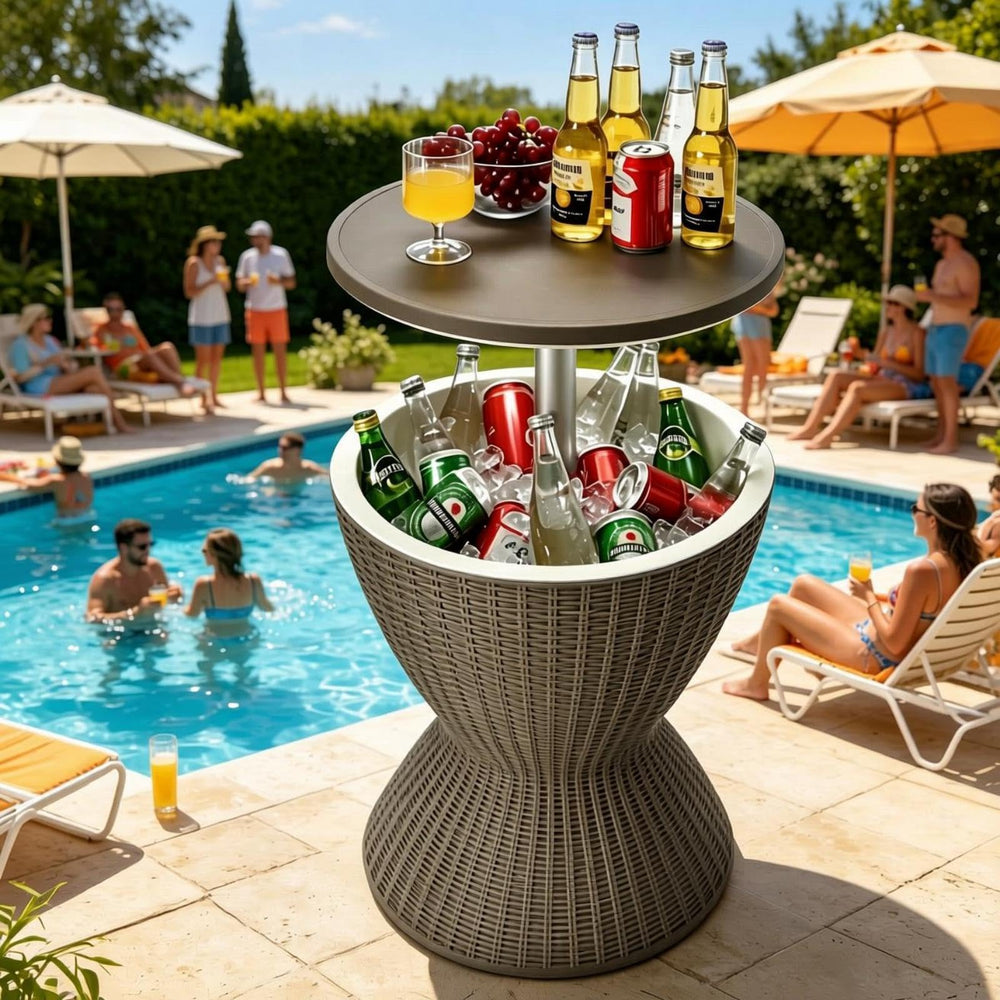 Tangkula open top revealing 8-gallon ice bucket full of chilled cans for long-lasting cold